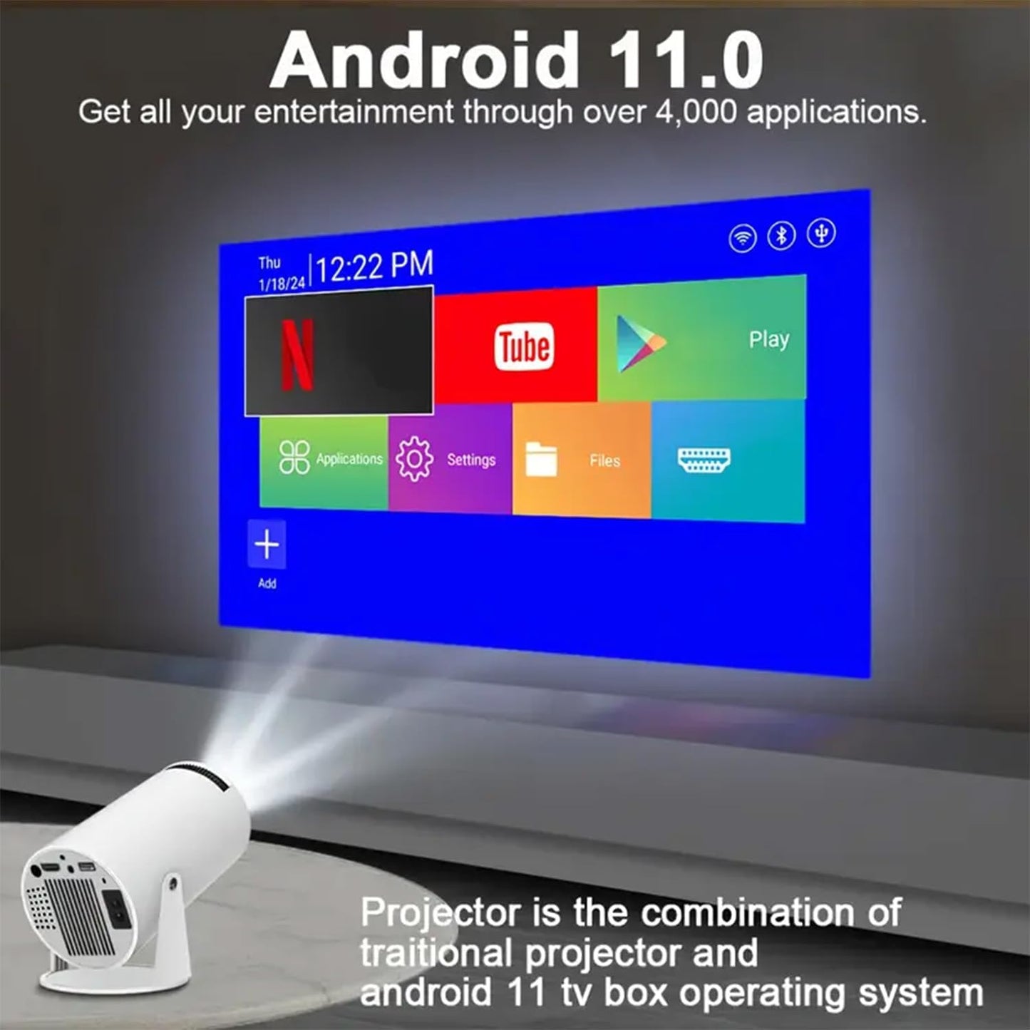 Mini Portable Projector with WiFi 6 and Bluetooth 5.0 Smart Projector 1080P Support Movie Projector 4K Decode Built-in Android 11.0 for Home Theater Compatible for Smartphone/Tablet/Laptop