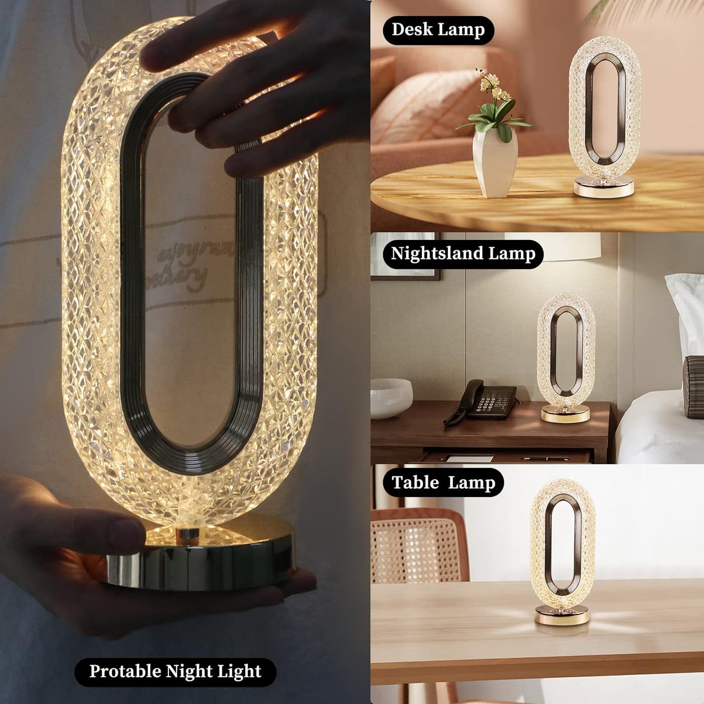 Encasa Crystal LED Table Lamp | Rechargeable Cordless Light | Modern Bedside & Ambient Decor