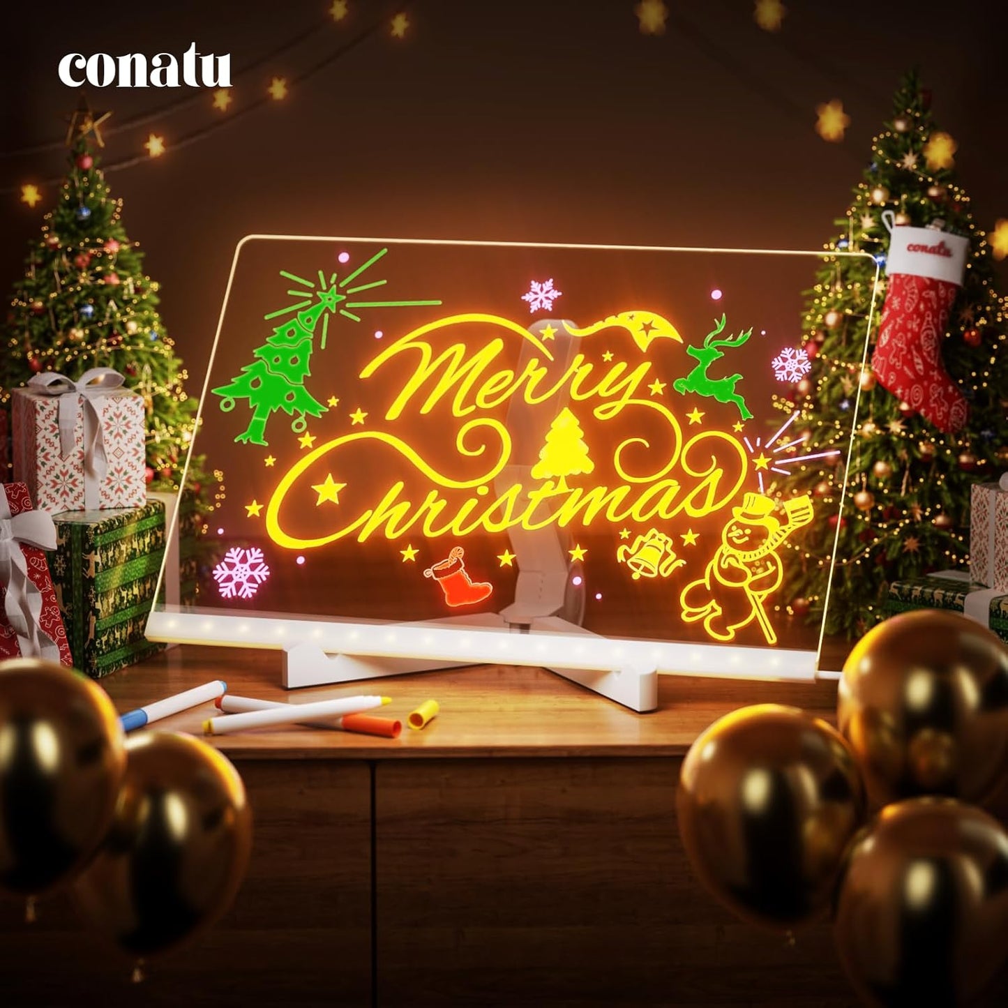 Acrylic Dry Erase Board with Light 12 X 8” Light up Dry Erase Board with Stand as a Glow Memo LED Letter Message Board Note Glass Led Board White Board with 7 Pen for Office School Home