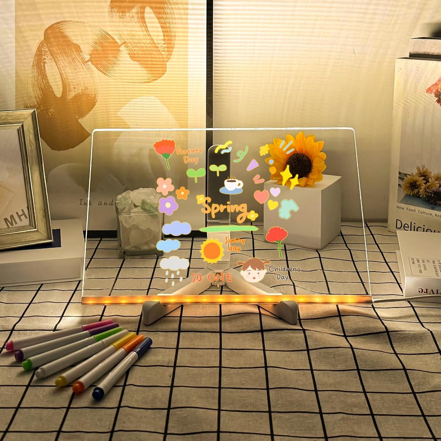 Acrylic Dry Erase Board with Light 12 X 8” Light up Dry Erase Board with Stand as a Glow Memo LED Letter Message Board Note Glass Led Board White Board with 7 Pen for Office School Home
